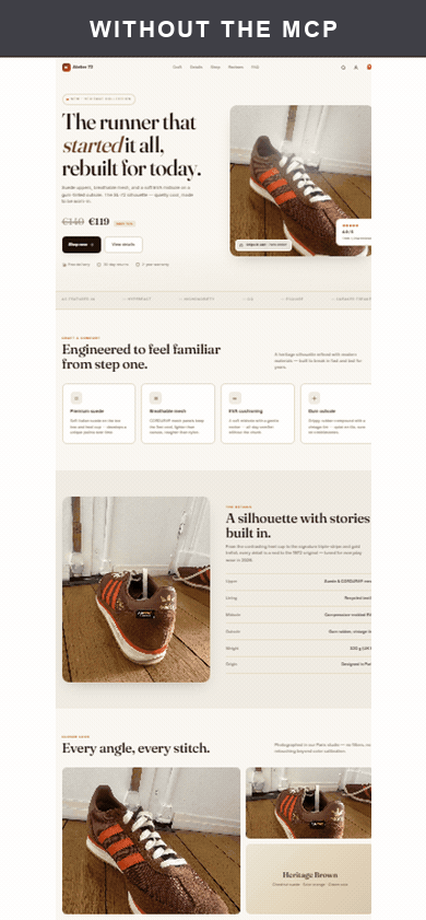 With / without the MCP: a landing page dressed with on-brand images by the Distribea MCP